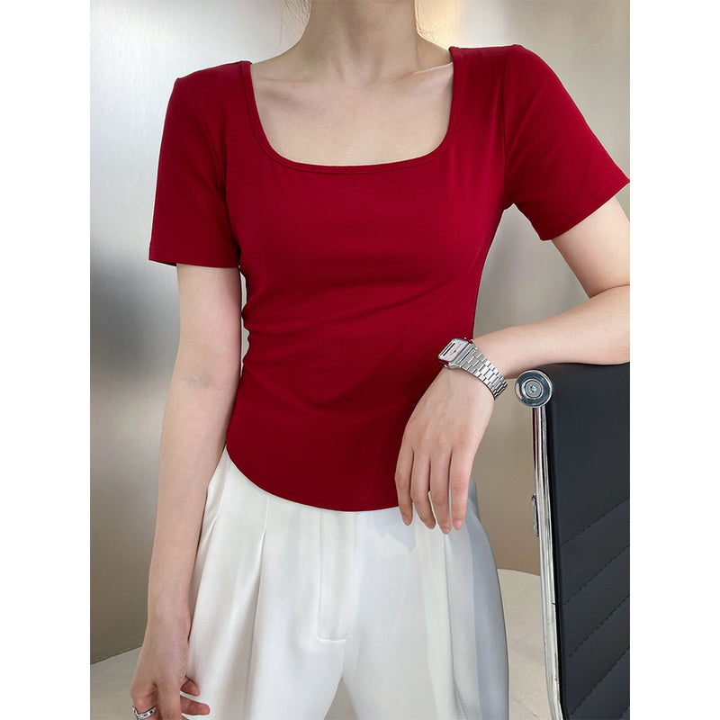 Women T Shirt off-Shoulder Square Collar Women's Summer Short Sleeve T-shirt Women