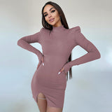 Women Dresses Winter Slim Fit Slit round-Neck Long-Sleeved Dress