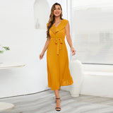 Women Date Dress Chiffon Pleated Dress Slim Fit Elegant Solid Color V-neck Dress