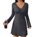 Women Dress Long Sleeve Hip Skirt V-neck Sexy Dress