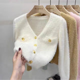 Women Knitted Cardigan Autumn and Winter V-neck Waterproof Slim-Fit Long-Sleeved Knitted Cardigan Sweater