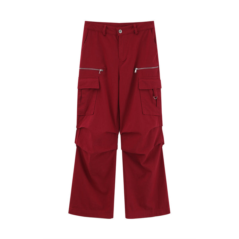 Men Sweatpants Pleated Wide Leg Straight Casual Trousers Multi-Pocket Pants