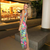 Women Dresses Summer Casual Backless Floral Print Slim Fit Dress (Bla0420)