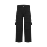 Men Sweatpants Multi-Pocket Cargo Pants Men's Straight Wide-Leg Pants Black Color & Pleats Pants Retro Loose Casual Pants