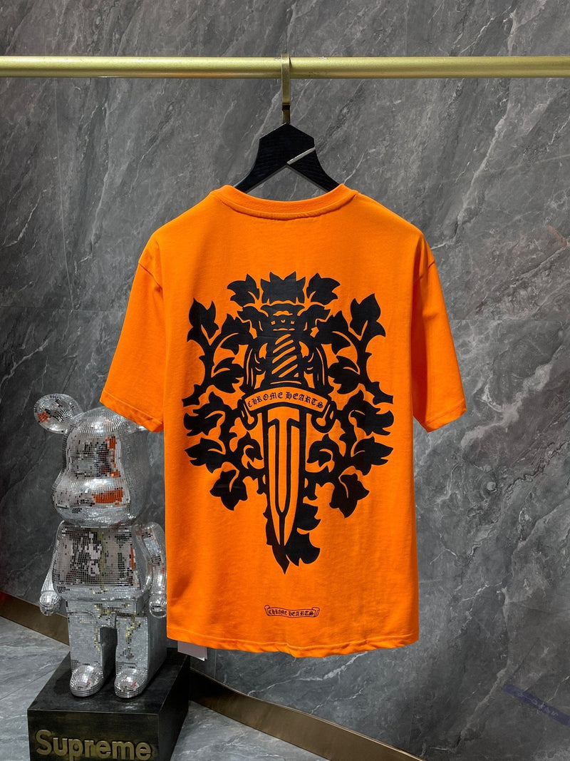 CHH Chrome Hearts T Shirts Orange Sword Cross Horseshoe Short Sleeve T-shirt