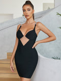 Women's Evening Dress Sexy Suspenders Hollow Mesh Evening Dress Red Hip Covered Short Skirt Bandage Dress