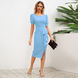Women Date Dress round Neck Pleated Lace Dress