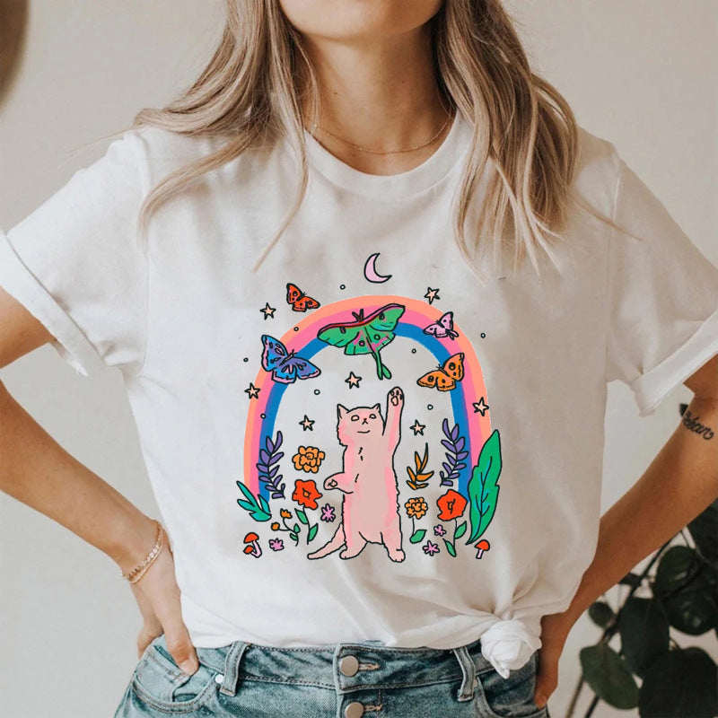 Cute Funny Cat Shirt Summer Casual Short Sleeve Loose Women