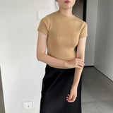 Women Knitted T-shirt round Neck Short Sleeve T-shirt Slim Fit Sweater