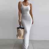 Women Dresses Summer U-Neck Split Sling Dress (Bla0420)