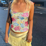 Women Tops Summer Slim Fit Vest Sexy Straps Tulle Printed Top