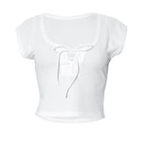 Women T-shirt Summer Square Collar Bare Midriff Slim Fit T-shirt Top