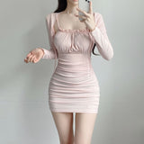 Women Dresses U-Neck Suspender Hip Skirt Long Sleeve Open Skirt
