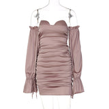 Women Dresses Autumn Winter Sexy off-the-Shoulder Lantern Sleeve Ruffle Hip Dress (Bla0420)