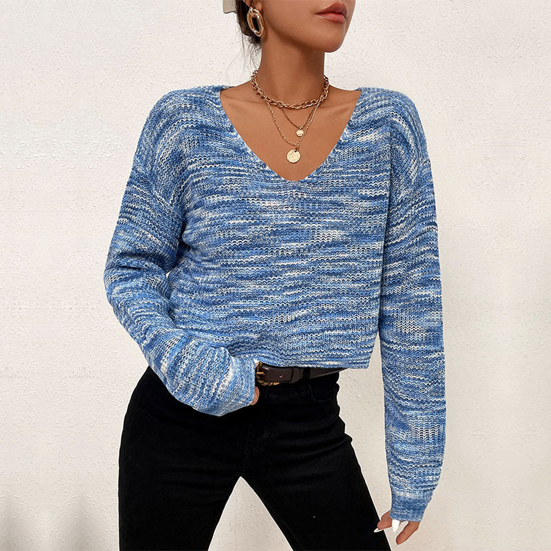 Women Knitted Sweater Short Autumn and Winter Blue Long Sleeved V-neck Sweater