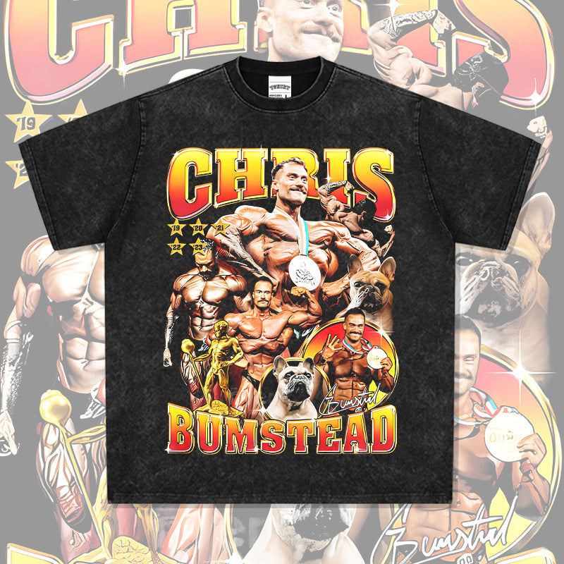 Mens Vintage Boxer T-Shirt Chris Bumstead Printed Short Sleeve T-Shirt Vintage Washed Casual