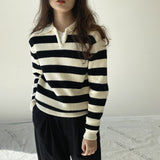 Women Winter Knitted Sweater Autumn and Winter Striped Sweater Lapel Sweater Casual Polo Collar 8t6723