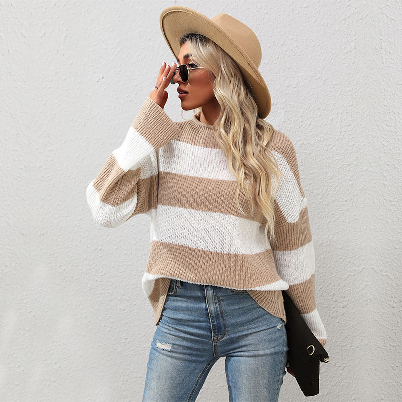 Women Knitted Sweater Autumn and Winter Long Sleeve Striped Mock-Neck Sweater