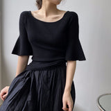 Women Knitted T-shirt Bell Sleeve Solid Color T-shirt Summer round Neck Top