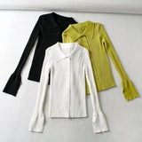 Women Sweater Knitwear Lapel Single Breasted Split Flare Sleeve Knitwear