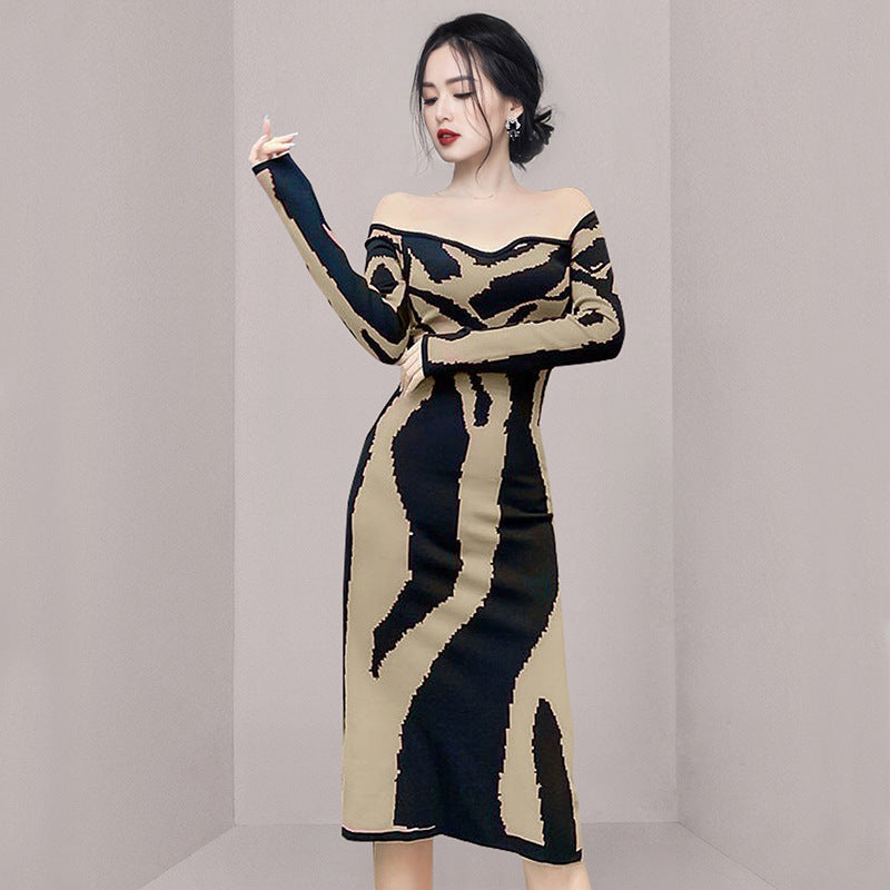 Women Maxi Dress Autumn and Winter Zebra Pattern Knitted Square Collar Dress Hip Skirt