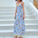 Women Dresses Summer Slim Fit V-neck Strap Long Dress Lace Dress