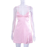 Women Dresses Summer Sexy Spaghetti Straps Sleeveless V-neck Hip Split Backless Dress (Bla0420)