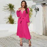 Women Date Dress Autumn and Winter V-neck Lace Pleated Lace-up Long Dress