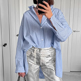 Women Trench Coat Blue Striped Long Sleeve Shirt Casual Winter