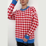 Ladies Leisure Knitwear Plaid Crew Neck Sweater Long Sleeve Top Plaid Sweater