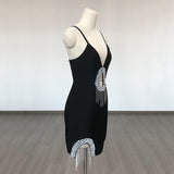 Women Evening Dress Sexy Sling Tassel V-neck Hollow Party Bandage Dress