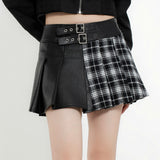 Women Skirt Plaid Stitching PU Leather Skirt