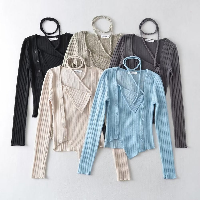 Women Sweater Knitwear Autumn Lace-up Irregular Bottoming Shirt Long Sleeve T-shirt