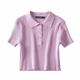 Women Sweater Knitwear Vintage Polo Lapel Single Breasted Thread Exposed Navel Knitted T-shirt