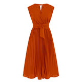 Women Date Dress Summer V-neck Pleated Sleeveless Waist Dress