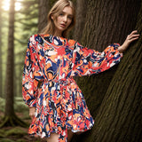 Women Dresses Spring Retro round-Neck Long-Sleeved Dress Short Skirt (Qymy0409)