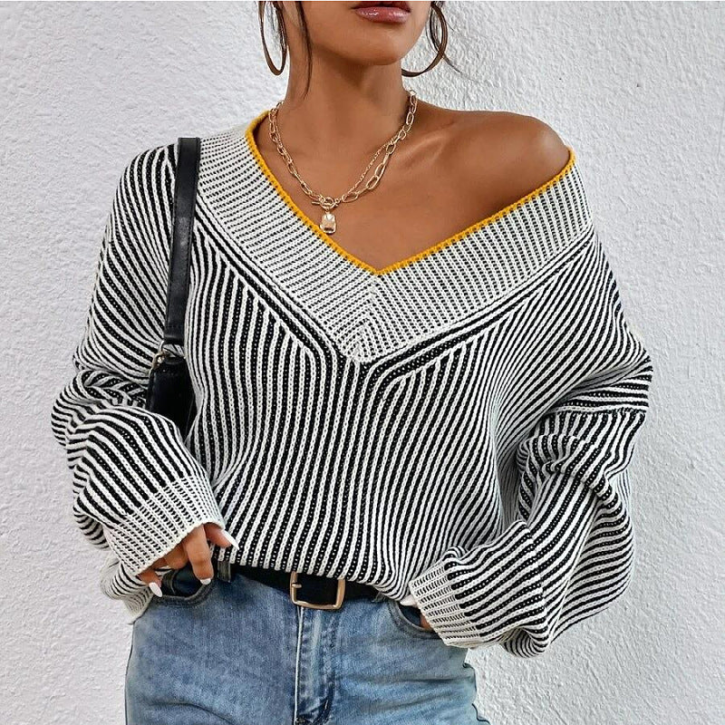 Women Knitted Sweater Autumn and Winter V-neck Loose Sweater Striped Pullover Sweater Top
