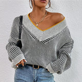 Women Knitted Sweater Autumn and Winter V-neck Loose Sweater Striped Pullover Sweater Top