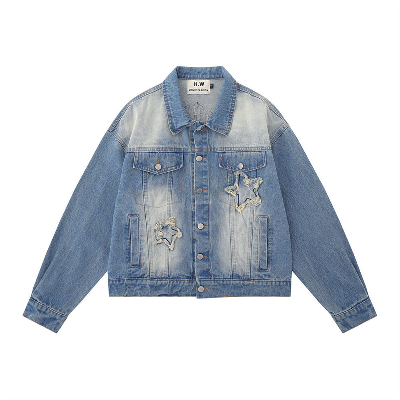 Women Jacket Five-Pointed Star Affixed Cloth Embroidered Washed White Denim Jacket