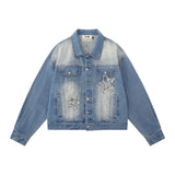 Women Jacket Five-Pointed Star Affixed Cloth Embroidered Washed White Denim Jacket