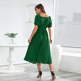 Women Date Dress Summer V-neck Puff Sleeve Lace-up Pleated Dress