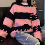 Women Knitted Pullover Vintage Stripe Knitted Sweater Loose Crew Neck Top