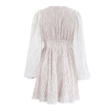 Women Dress Spring V-neck Lantern Sleeve A- line Skirt