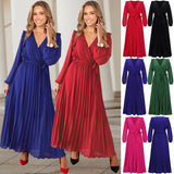 Women Date Dress Autumn and Winter V-neck Long Sleeve Pleated Dress