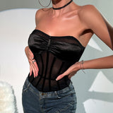 Women Party Tops Mesh Backless Pleated Rhombus Fishbone Top