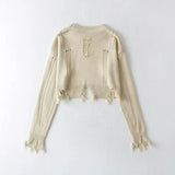 Women Sweater Knitwear round Neck Ripped Fringed Burr Loose Long Sleeve Short Sweater