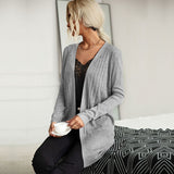 Women Knitted Sweater Autumn Gray, Long Sleeve Sweater Cardigan Long