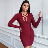 Women Dress Hollow Sexy Sheath Skirt Slim-Fit Long Sleeve Dress