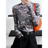 Women T Shirt Tie-Dyed Bottoming Shirt Slim-Fit Short Long Sleeve Mesh Sunscreen Top
