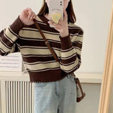 Women Knitwear Autumn Winter Retro Striped round Neck Sweater Loose Sweater